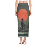 Red Moon Samurai Print Side Slit Maxi Skirt
