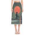 Red Moon Samurai Print Side Slit Midi Skirt