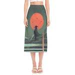 Red Moon Samurai Print Side Slit Midi Skirt