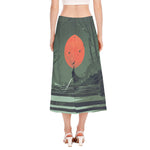Red Moon Samurai Print Side Slit Midi Skirt