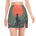 Red Moon Samurai Print Side Slit Mini Skirt