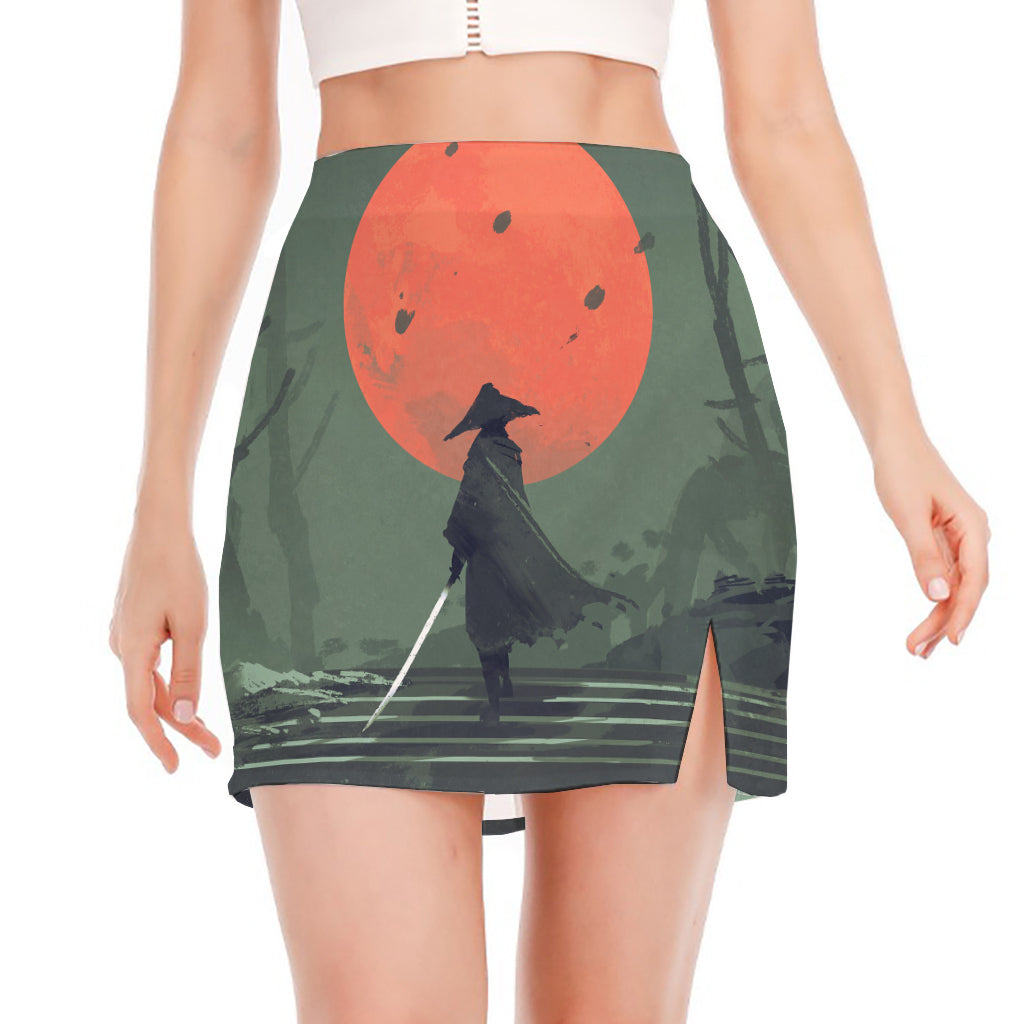 Red Moon Samurai Print Side Slit Mini Skirt