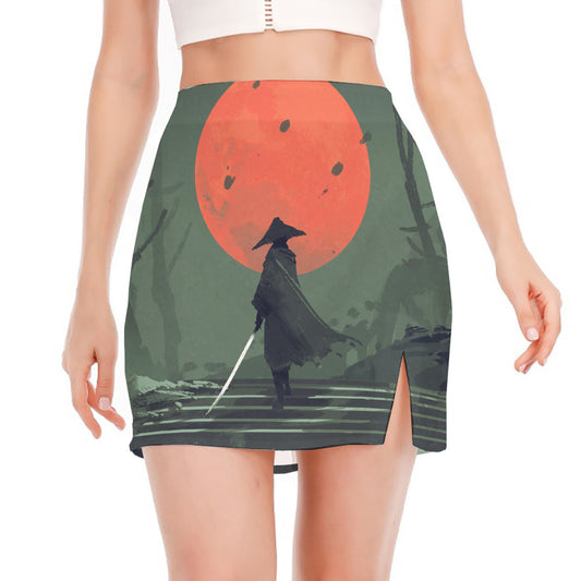 Red Moon Samurai Print Side Slit Mini Skirt