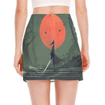 Red Moon Samurai Print Side Slit Mini Skirt