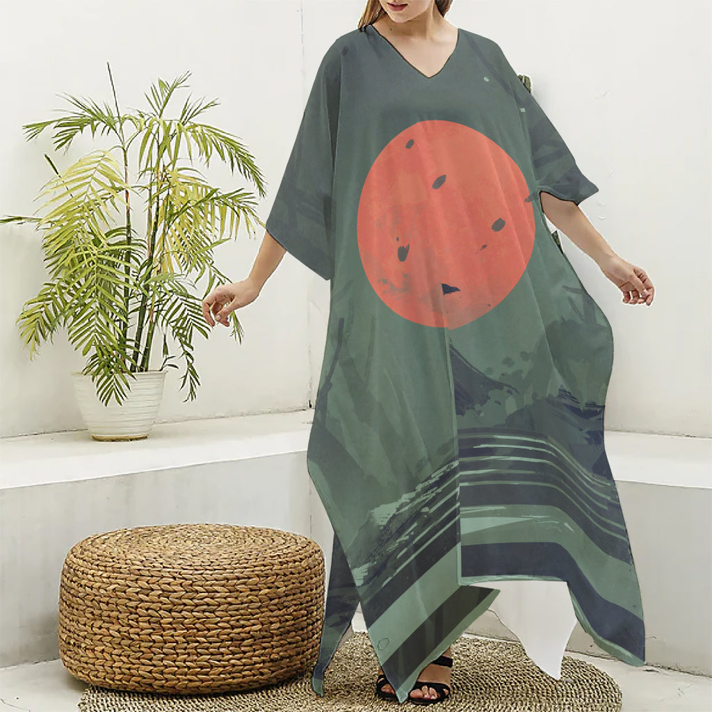 Red Moon Samurai Print Silk V-Neck Kaftan Dress