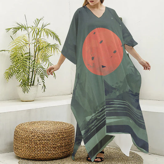 Red Moon Samurai Print Silk V-Neck Kaftan Dress