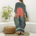 Red Moon Samurai Print Silk V-Neck Kaftan Dress