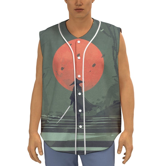 Red Moon Samurai Print Sleeveless Baseball Jersey
