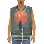 Red Moon Samurai Print Sleeveless Baseball Jersey