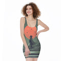 Red Moon Samurai Print Sleeveless Bodycon Dress