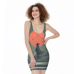 Red Moon Samurai Print Sleeveless Bodycon Dress