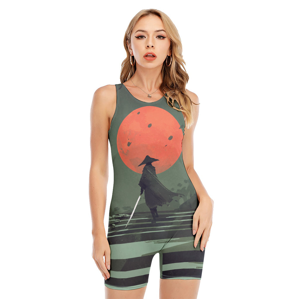 Red Moon Samurai Print Sleeveless One Piece Swimsuit
