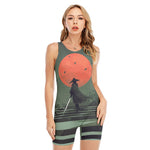 Red Moon Samurai Print Sleeveless One Piece Swimsuit