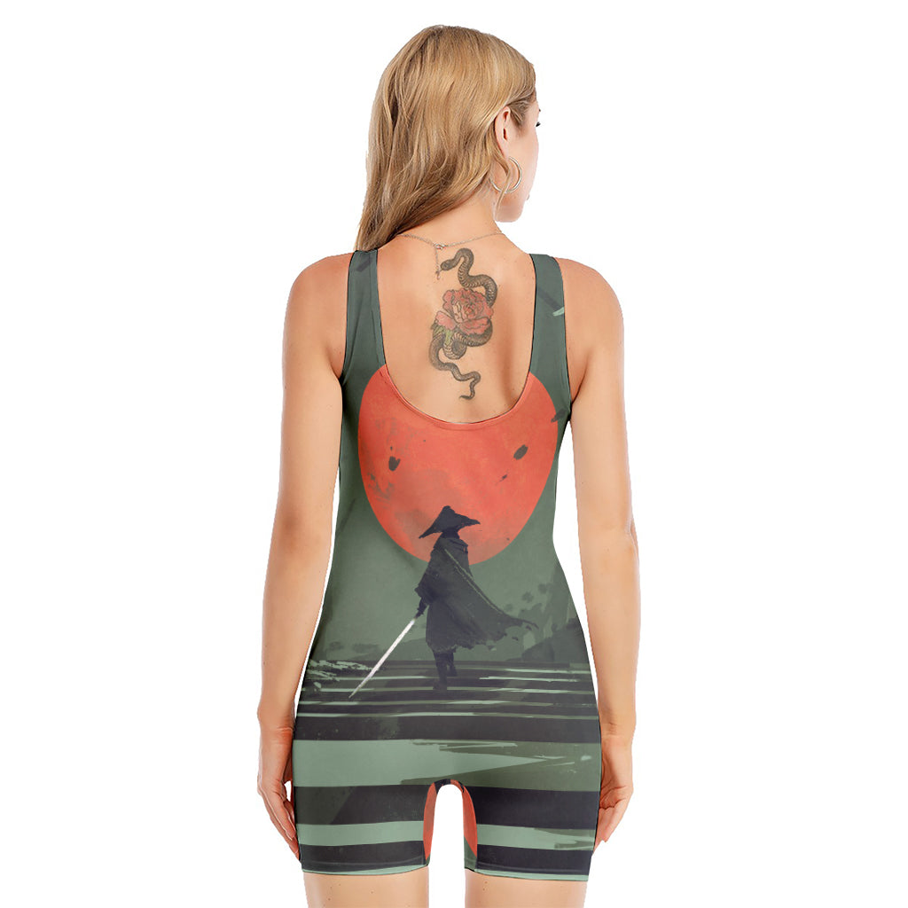 Red Moon Samurai Print Sleeveless One Piece Swimsuit