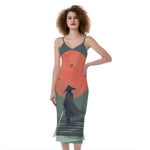 Red Moon Samurai Print Slim Fit Midi Cami Dress