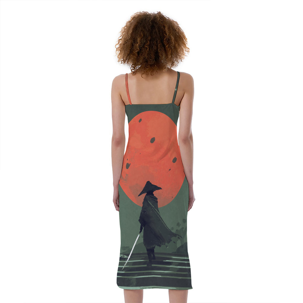 Red Moon Samurai Print Slim Fit Midi Cami Dress