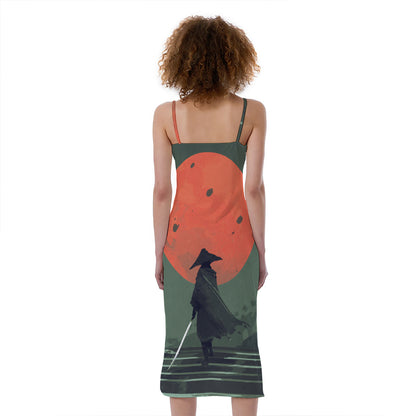 Red Moon Samurai Print Slim Fit Midi Cami Dress