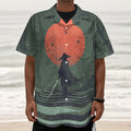 Red Moon Samurai Print Textured Short Sleeve Shirt
