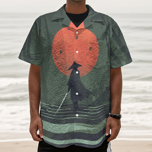 Red Moon Samurai Print Textured Short Sleeve Shirt