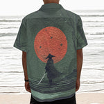 Red Moon Samurai Print Textured Short Sleeve Shirt