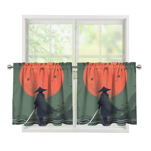 Red Moon Samurai Print Tier Curtains
