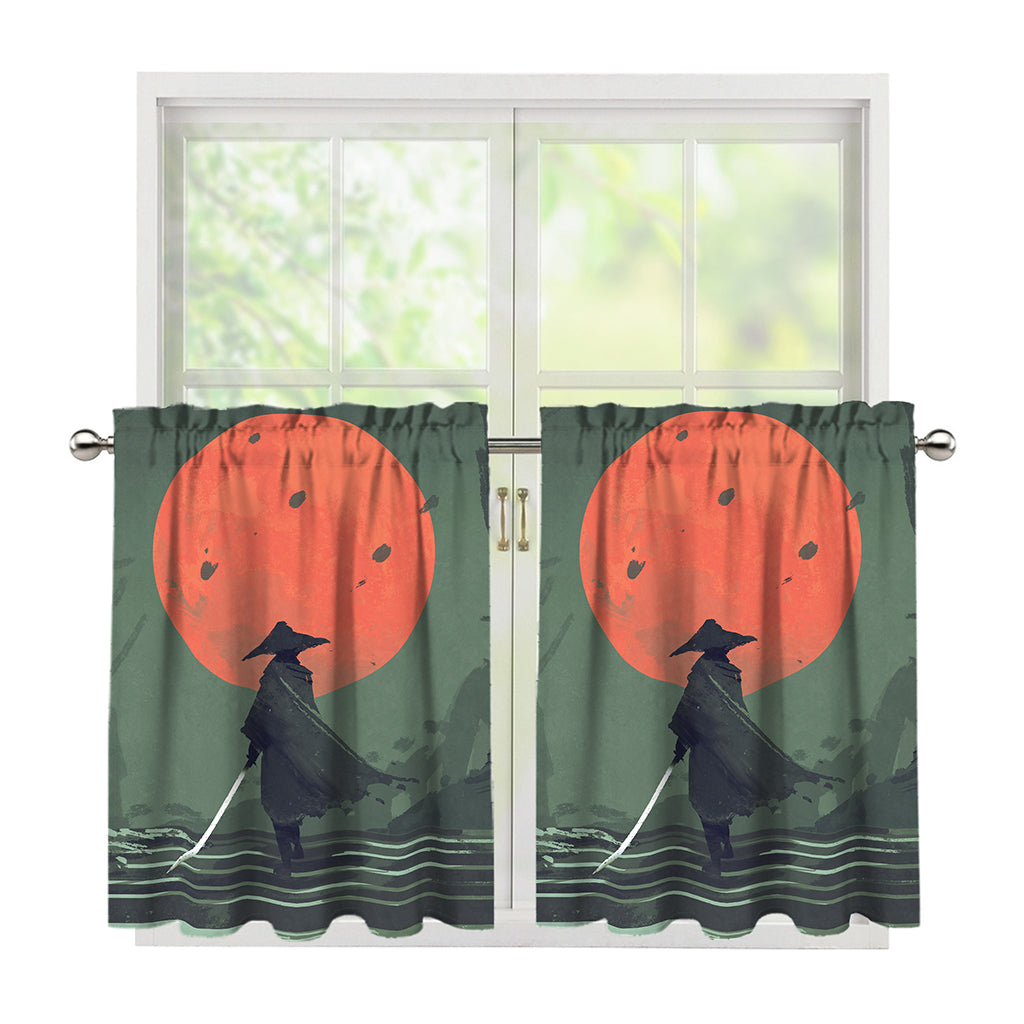 Red Moon Samurai Print Tier Curtains