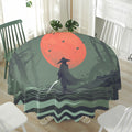 Red Moon Samurai Print Waterproof Round Tablecloth
