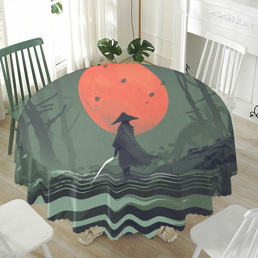 Red Moon Samurai Print Waterproof Round Tablecloth