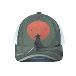 Red Moon Samurai Print White Mesh Trucker Cap