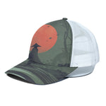 Red Moon Samurai Print White Mesh Trucker Cap