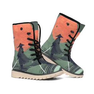 Red Moon Samurai Print Winter Boots