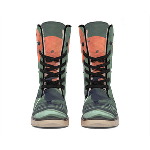 Red Moon Samurai Print Winter Boots