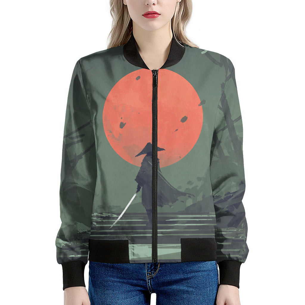 Red Moon Samurai Print Women's Bomber Jacket