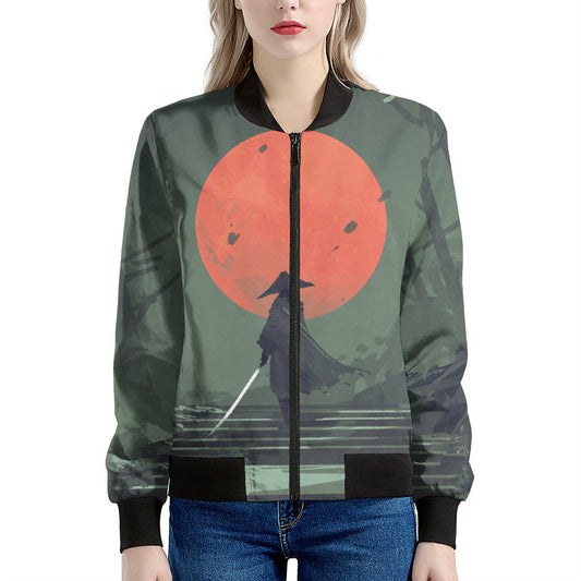 Red Moon Samurai Print Women's Bomber Jacket