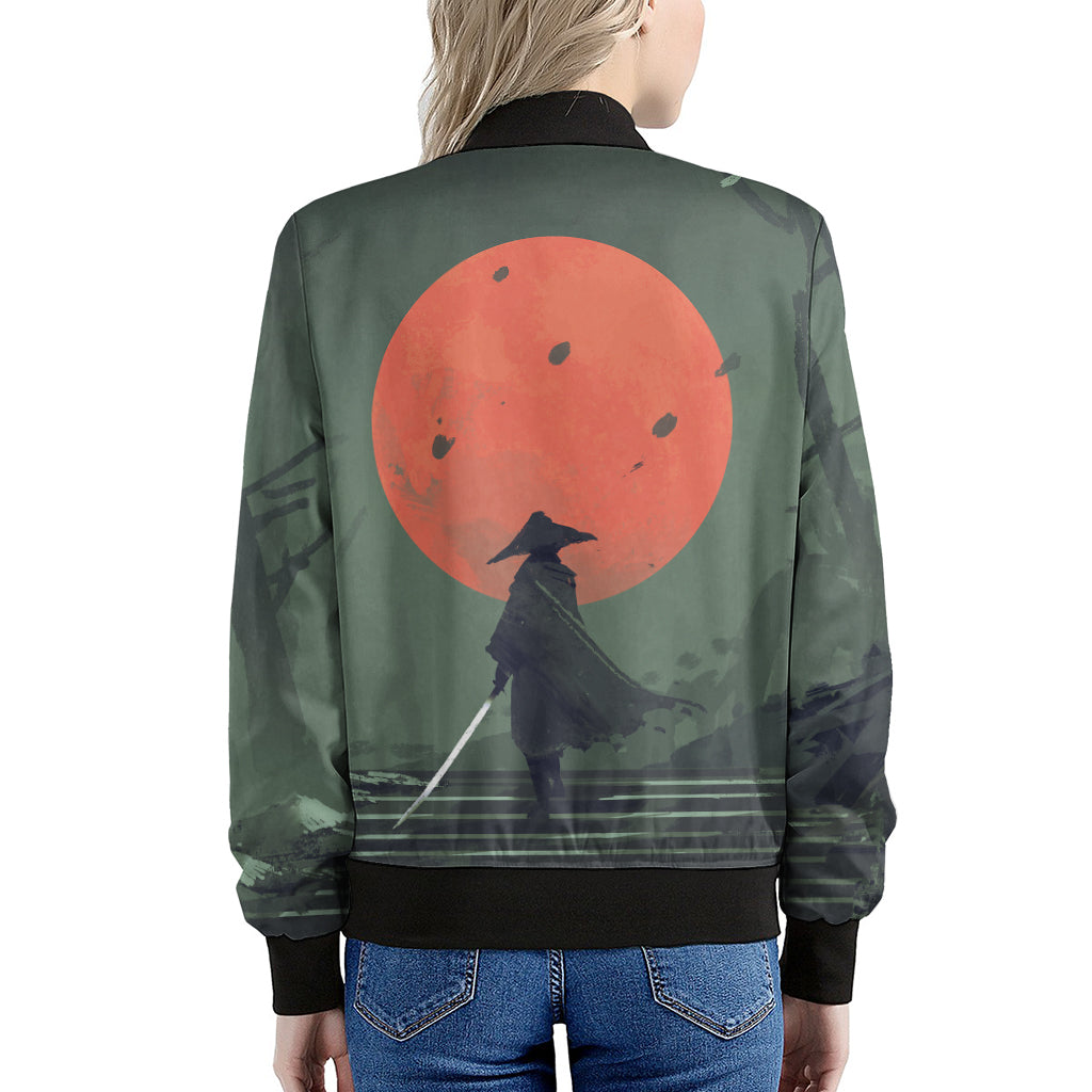 Red Moon Samurai Print Women's Bomber Jacket