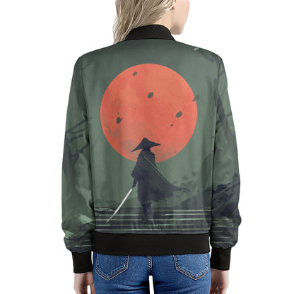 Red Moon Samurai Print Women's Bomber Jacket