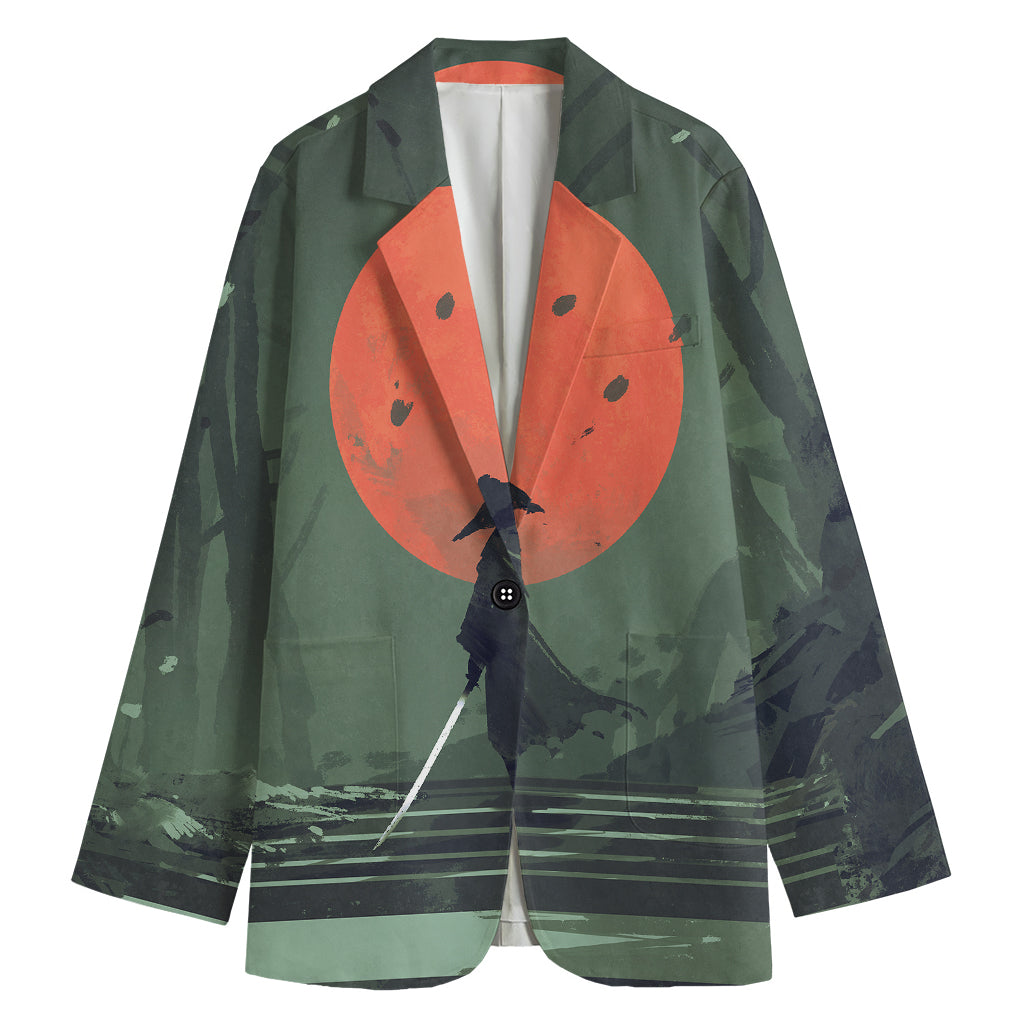 Red Moon Samurai Print Women's Cotton Blazer