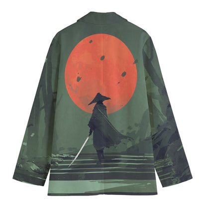 Red Moon Samurai Print Women's Cotton Blazer