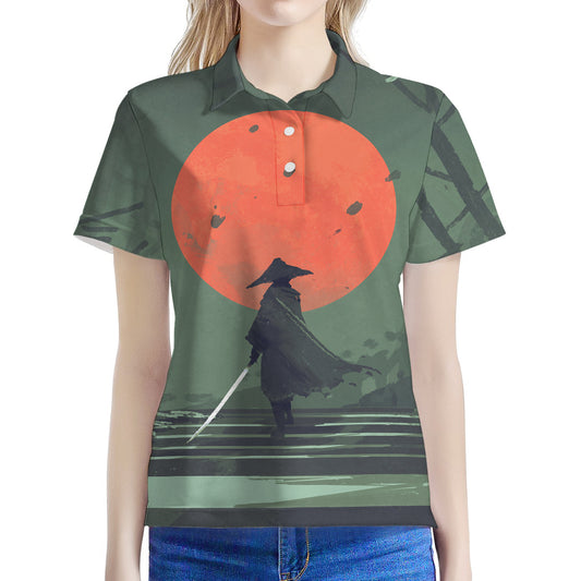 Red Moon Samurai Print Women's Polo Shirt