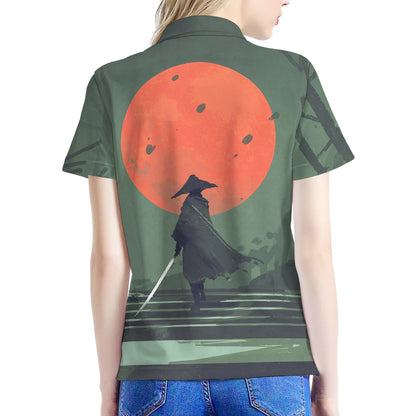 Red Moon Samurai Print Women's Polo Shirt