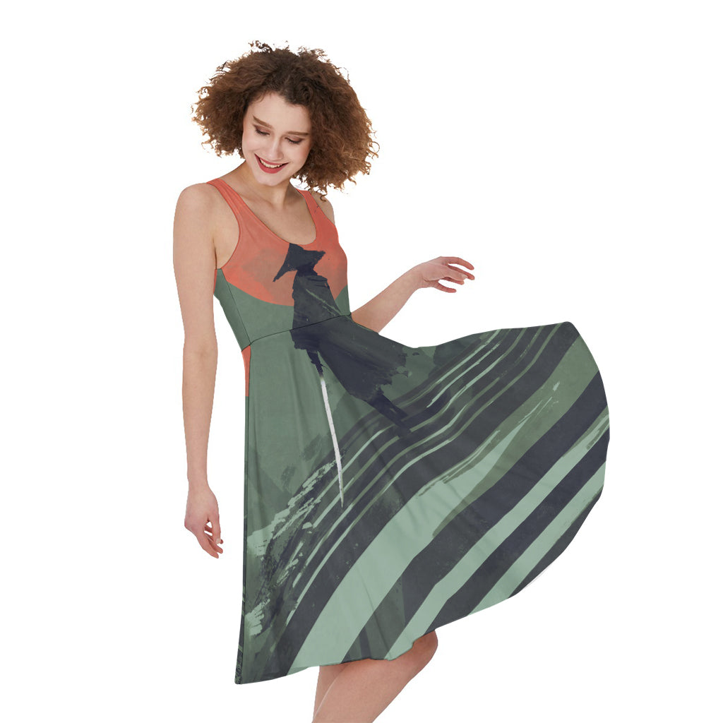 Red Moon Samurai Print Women's Sleeveless Dress