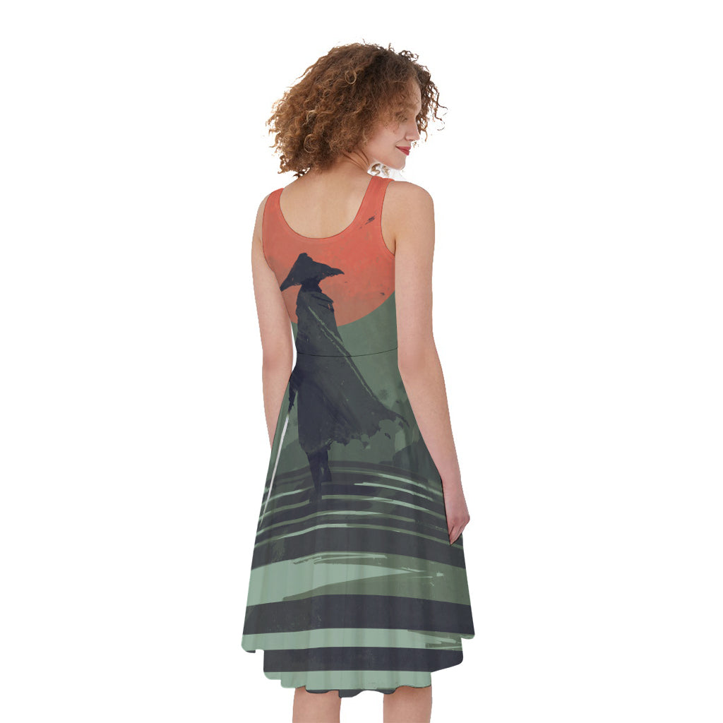 Red Moon Samurai Print Women's Sleeveless Dress