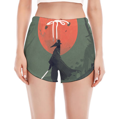 Red Moon Samurai Print Women's Split Running Shorts