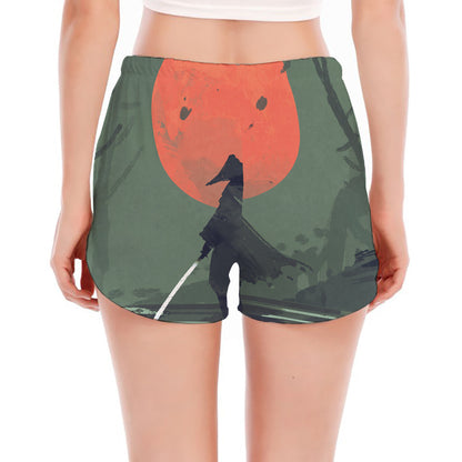 Red Moon Samurai Print Women's Split Running Shorts