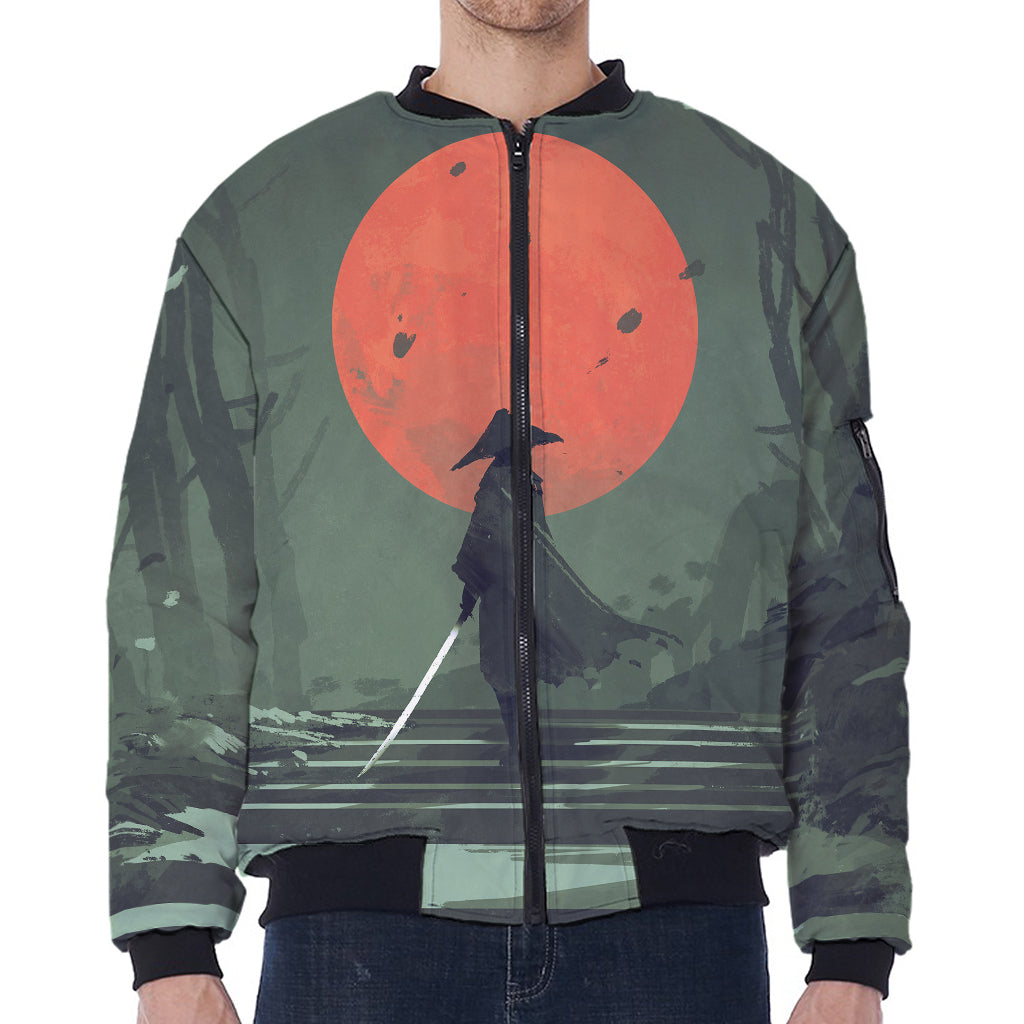 Red Moon Samurai Print Zip Sleeve Bomber Jacket