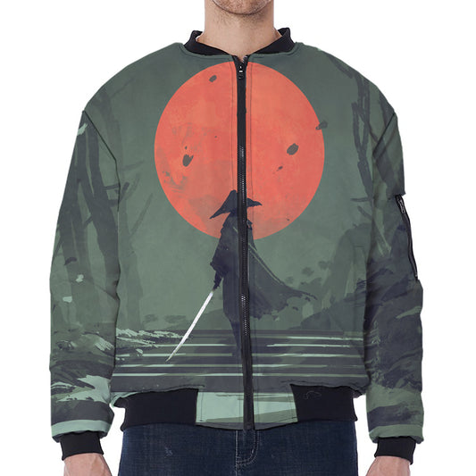 Red Moon Samurai Print Zip Sleeve Bomber Jacket