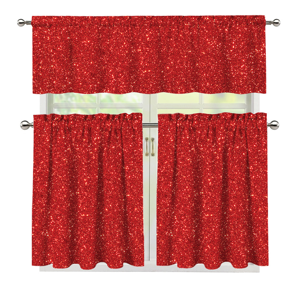 Red (NOT Real) Glitter Print 3 Piece Kitchen Curtains