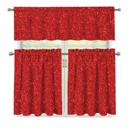 Red (NOT Real) Glitter Print 3 Piece Kitchen Curtains