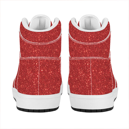 Red (NOT Real) Glitter Print High Top Leather Sneakers