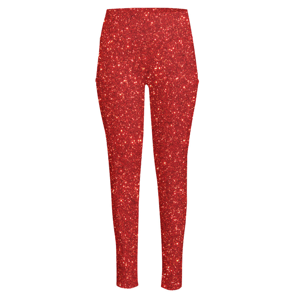 Red (NOT Real) Glitter Print High-Waisted Pocket Leggings